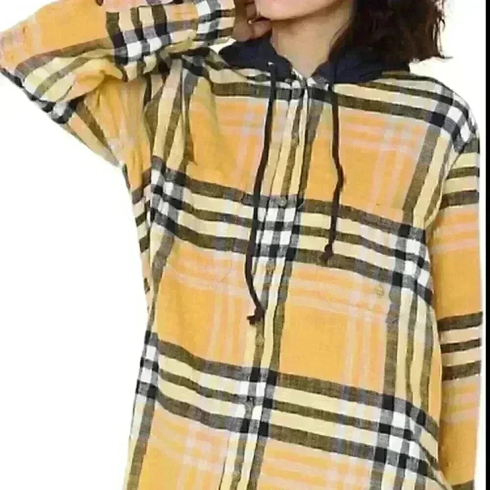 🔥American eagle AE Oversized Hooded Flannel yellow Shirt  M TC1